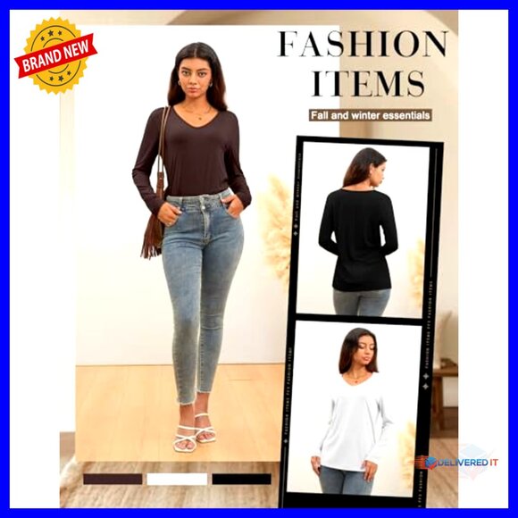 3 Pack Long Sleeve V-Neck T-Shirts Loose Fit Soft Basic Tops - Picture 6 of 7